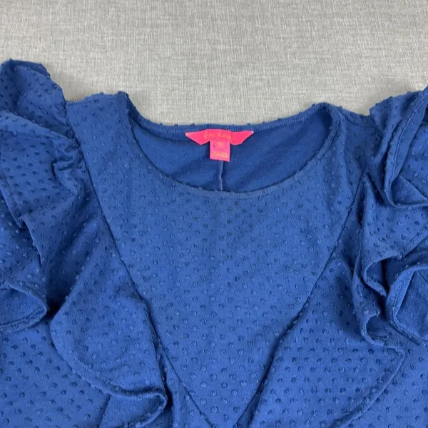 Lilly Pulitzer Dress Womens Medium Blue Polka Dot Ruffle 3/4 Sleeve Shift Knit - Image 2