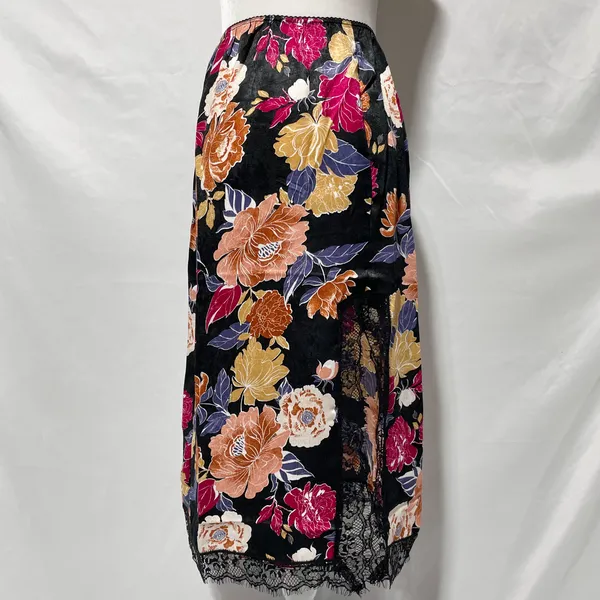 New Band of the Free Floral Print Lace Slit Slip Midi Skirt Black Multi Size XS - Image 18