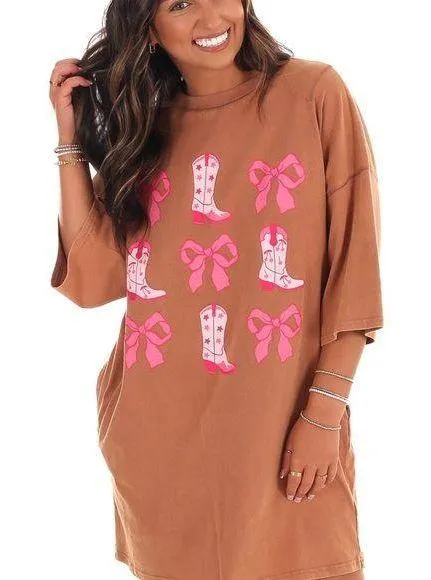 Peach Love California WASHED RIBBON & WESTERN BOOTS T-SHIRT DRESS NWOT Punch LOVE SIZE S - Image 2