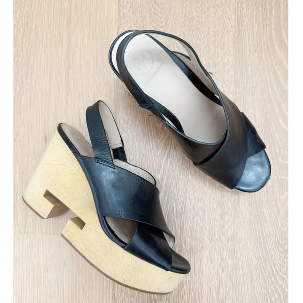 Tory Burch Black T Criss-Cross Wood Wedge Platform Boho Chunky US 6.5 - Image 8