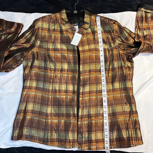 MSK‎ Plaid Open Front Jacket Blazer Brown Gold Metallic Shimmer Evening Wear-XL - Image 5