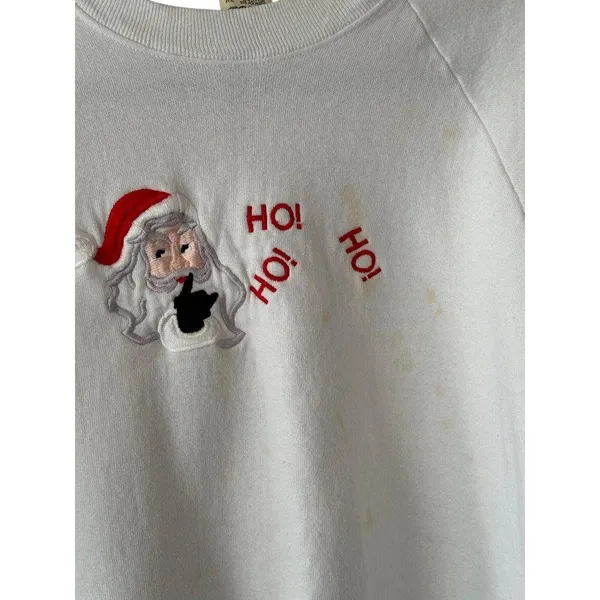 Vintage Santa Sweatshirt "Ho! Ho! Ho!" Ugly Christmas Sweater XL White READ - Image 4