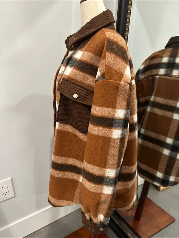 Magnolia BoutiqueBrown Plaid Utility Shacket with Corduroy Accents - Image 3
