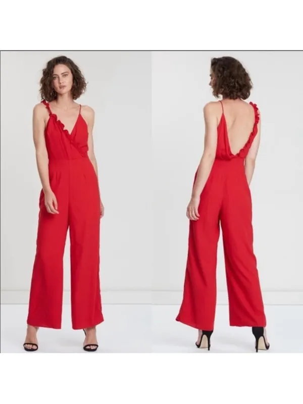 Keepsake The Label Cherry Red Forget You Ruffle Wide Leg Jumpsuit XS Party - Image 7