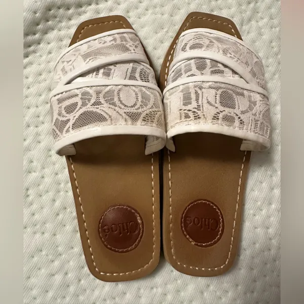Chloé White Lace Slide Sandals - Image 3