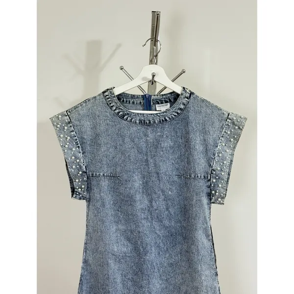 Vintage LALA FACTORY Acid Wash Pearl Beaded Sleeve Denim Mini Shift Dress Size S - Image 4
