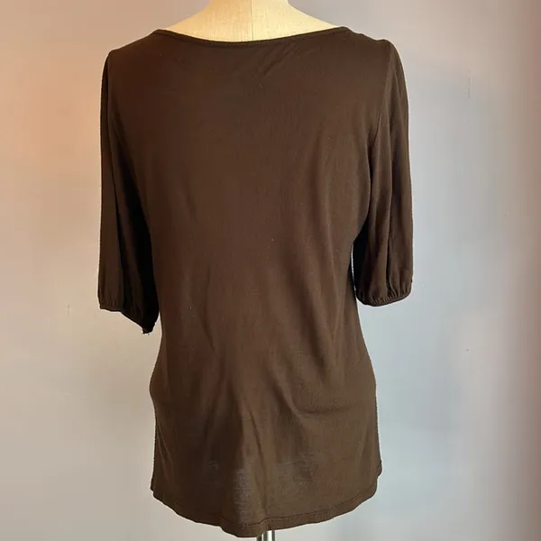 Dark brown crocheted lace bib front elbow puff sleeve top - Image 2