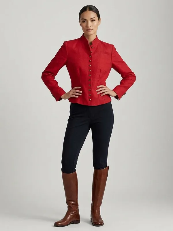 LAUREN Ralph Lauren Red Linen Military Jacket Mandarin Collar Brass Buttons Sz 6 - Image 3