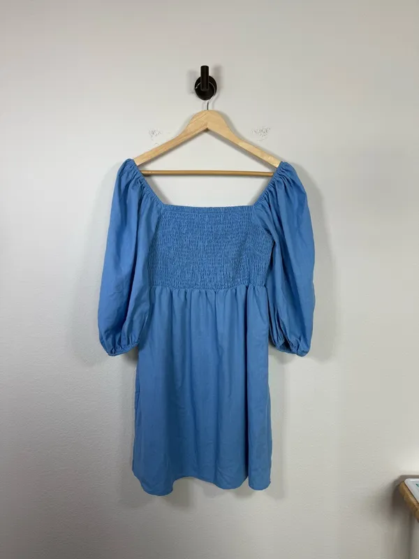Tuckernuck Annie Linen Smocked Square Neck Puff Sleeve Woven Dress Blue M - Image 3