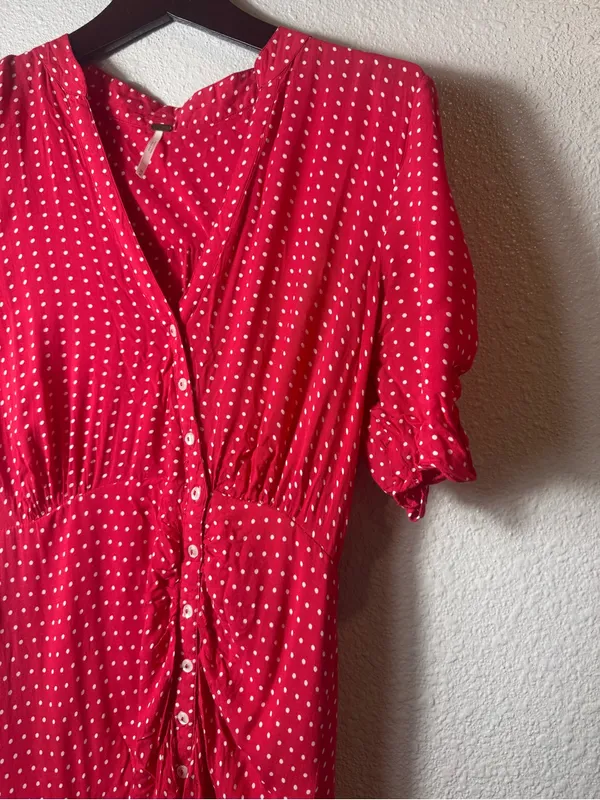 Free People Pippa Red Polka Dot Ruched Button Front Mini Dress Size M‎ - Image 6