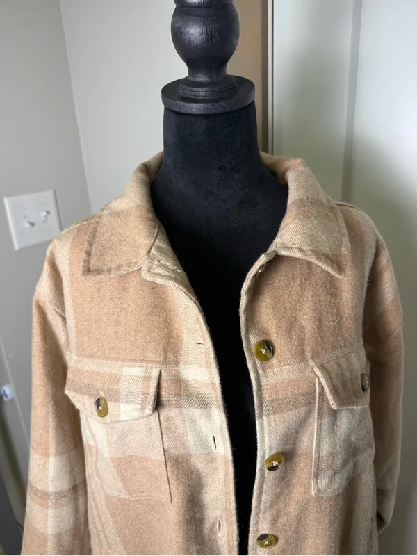 Cotton Rye Wool Blend Tan Brown Plaid Jacket Shacket Button Front Western L‎ Size L - Image 2