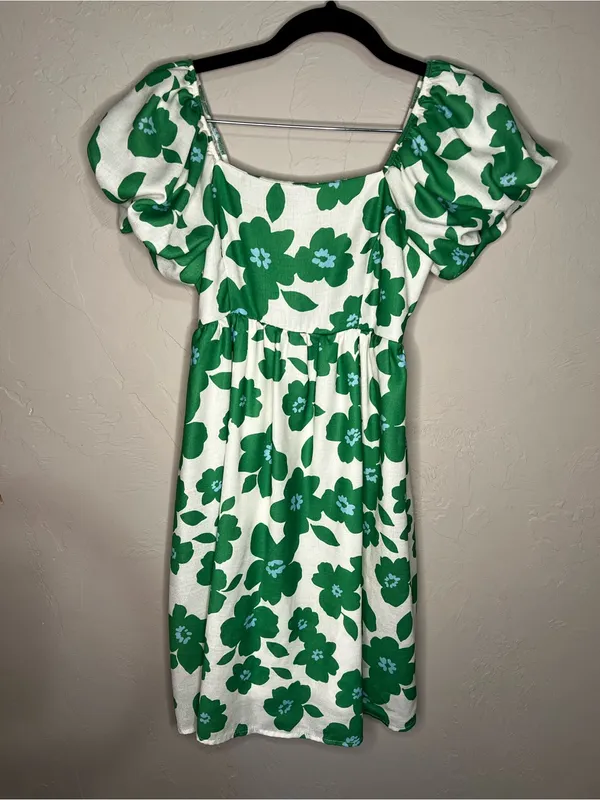 Altar’d State Cream Green‎ Floral Puff Sleeve Retro Babydoll Mini Dress - Image 2