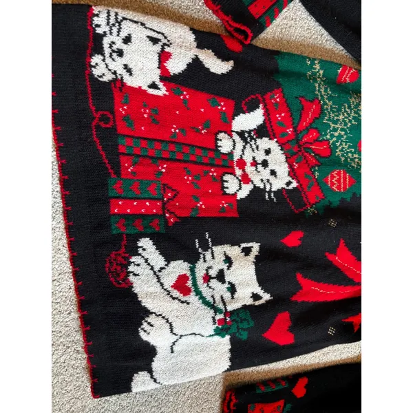 90s Vintage NutCracker Christmas Sweater Medium Black Kitten Cat Tree Ugly - Image 4