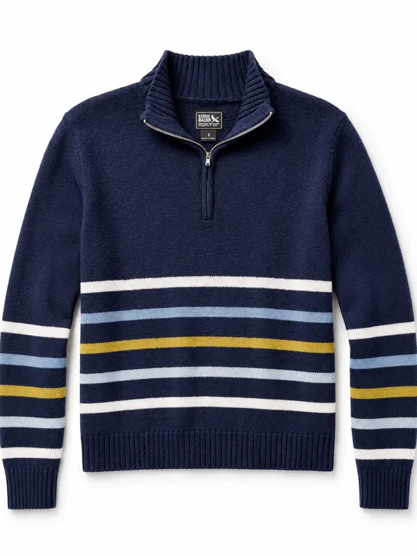 Eddie Bauer Women’s Small 100% Cotton Striped Quarter Zip Sweater Navy - Image 2