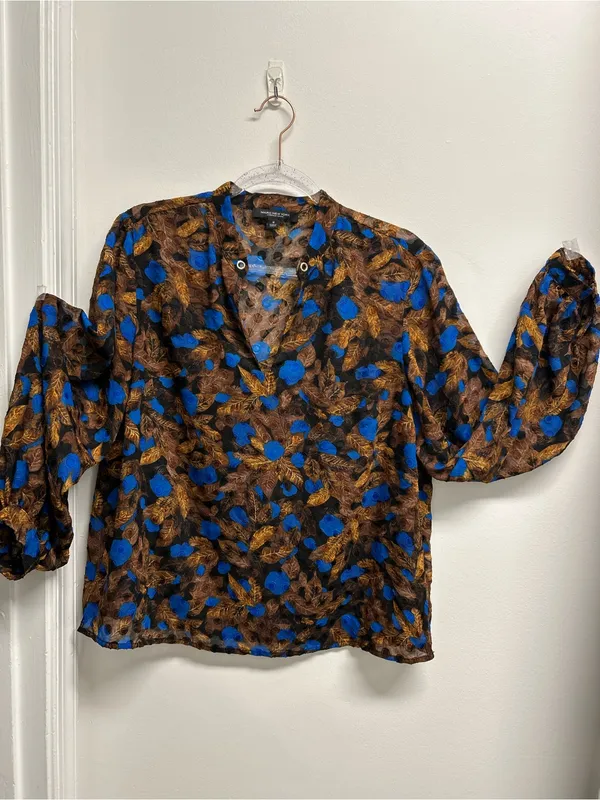 Marc New York Floral Burnout Balloon-Sleeve Blouse - Blue/Brown - Image 3