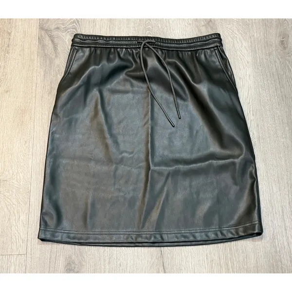 J.Jill XS Black Faux Leather Drawstring Pull-On Skirt Pockets Quiet Luxury Edgy - Image 2