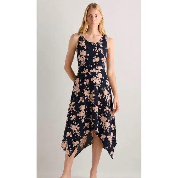 Pact Twilight Floral Asymmetrical Midi Dress Sleeveless Scoop‎ Neck Black Tan L - Image 2