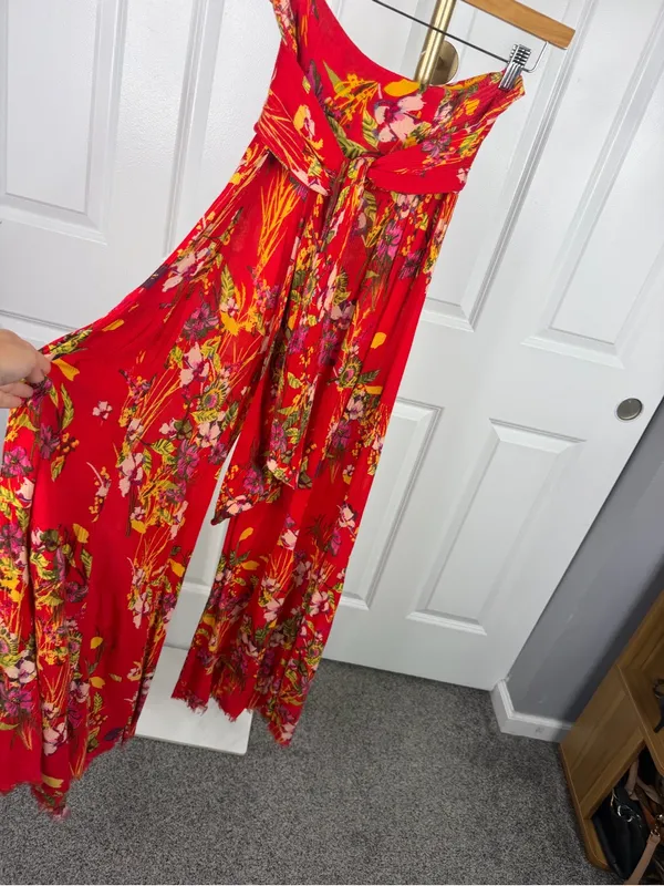 Free People Red Floral Wide Leg Pants Size M Boho High Rise Rayon - Image 2
