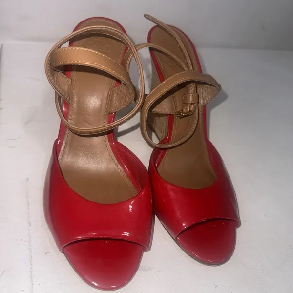 Tory Burch Red Patent Leather Cork Wedge Ankle Strap Peep Toe Sandals size 7.5 M - Image 8