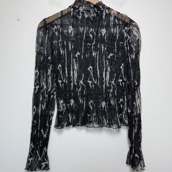 Free‎ People Women Whimsigoth Nylon Mesh Top Large Black Abstract Smocked Party - Image 8