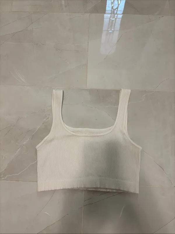 Ribbed Scoop Neck Crop Tank Top - Cream - Image 2