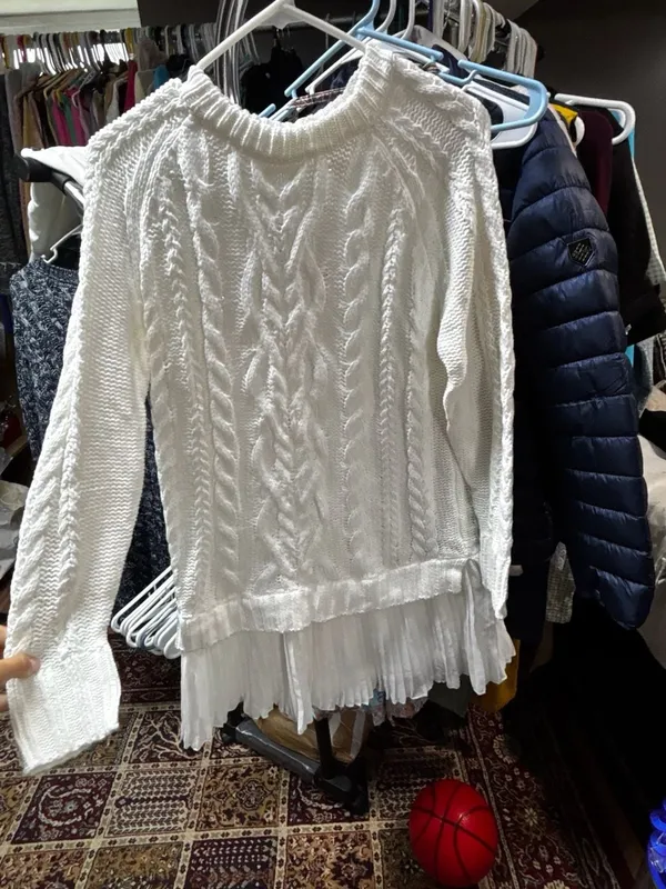 Minsure Fashion Women White Cable Knit Sweater with Pleated Chiffon Hem - Image 2