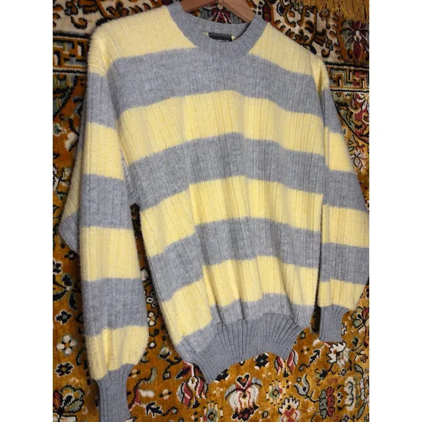 90s VTG Oversized Butter Yellow Striped Ribbed Crewneck Cotton Knit Sweater sz L - Image 3