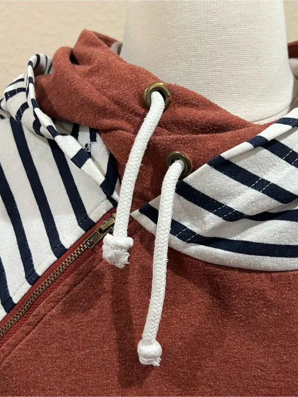 Vanilla Bay Rust Orange Double-hood Navy Striped Sweatshirt Size Large - Image 3