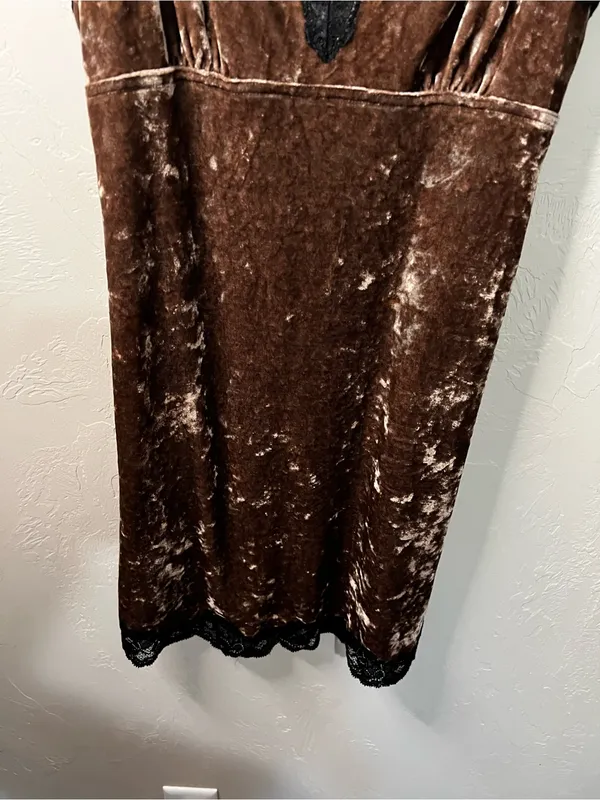 Arianne Vintage 90s Chocolate Brown Velvet Black Lace Slip Mini Dress - Image 4