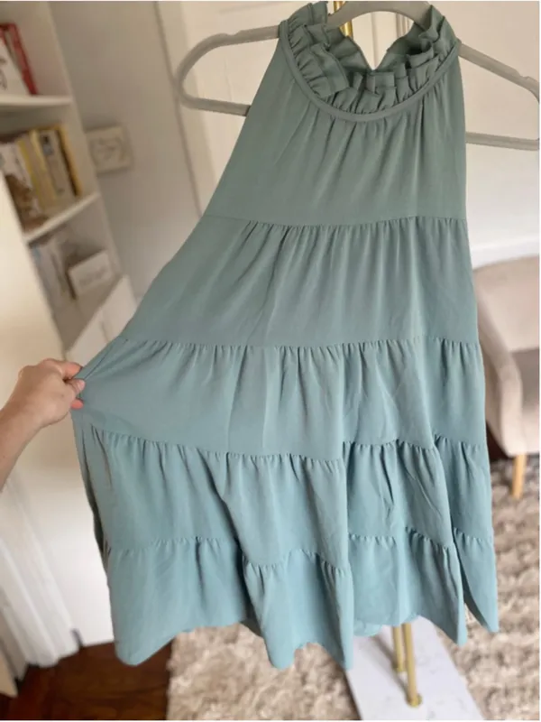 Entro Sage Green Tiered Midi Dress Ruffle Neck Feminine Romantic‎ Quiet Luxury S - Image 3