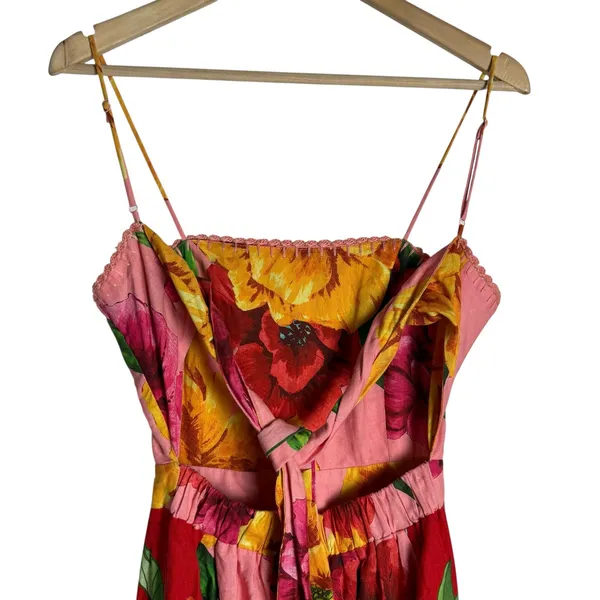 Farm Rio Chita Pink Floral Print Square Neck Tie Back Linen Midi Dress Size XS - Image 11