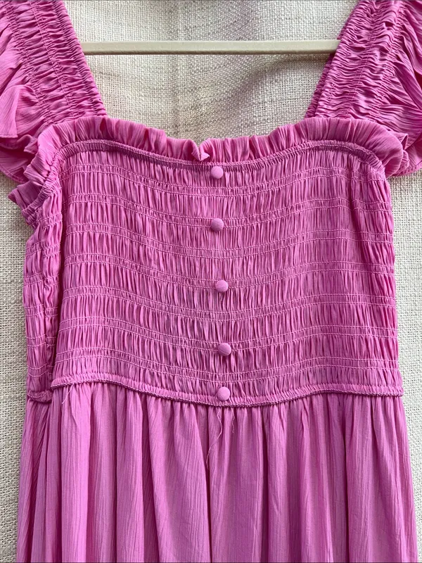 Mock Button Down Smocked Ruffle Detail Midi Dress Pink - Image 8