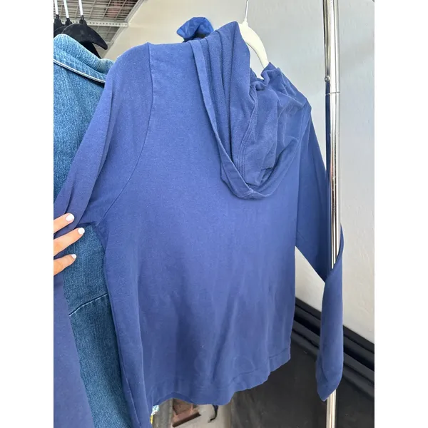 Blue Button Up Hoodie Cardigan Jacket Lightweight Cotton Sweater White Stag M - Image 3