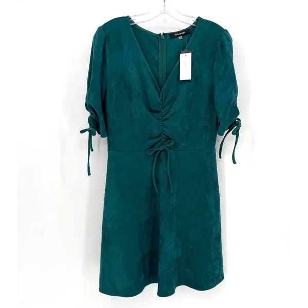 Sugar + Lips Faux Suede Mini Homecoming Dress‎ Women M Teal Ruched Boho Holiday - Image 4