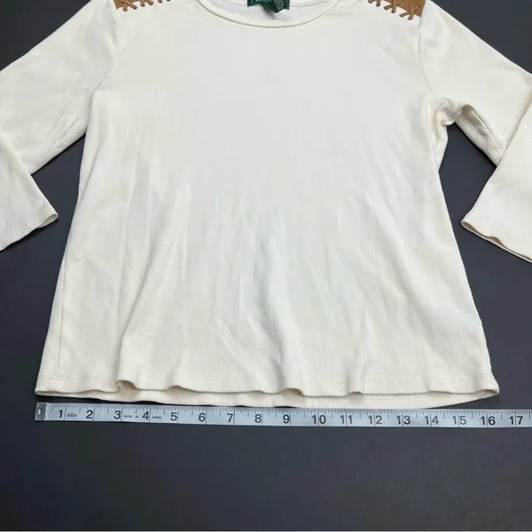 Lauren Ralph‎ Lauren Ribbed Top Cream Brown Faux Suede Patch Medium Western FLAW - Image 8