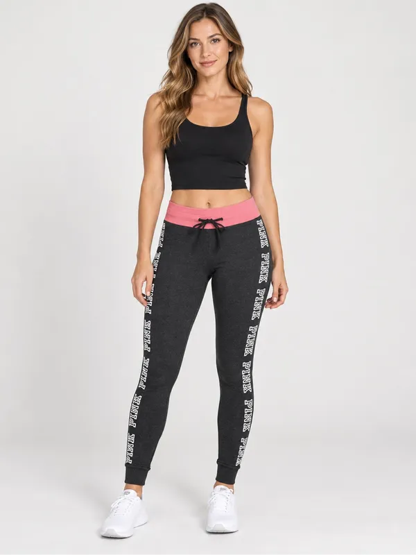 Victoria’s Secret PINK Yoga Leggings Women’s M Gray Pink Logo Drawstring - Image 3