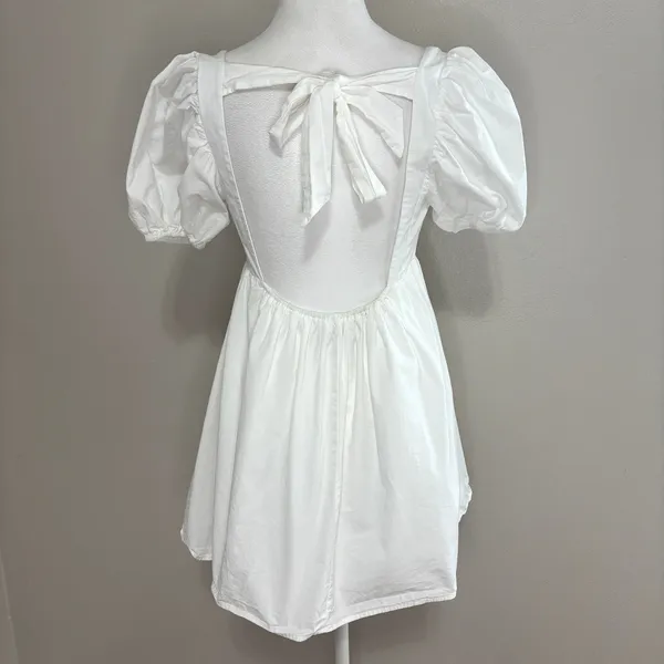 Forever 21 Dress White Puff Sleeve Tie Back Babydoll Mini Dress Cottagecore S - Image 2