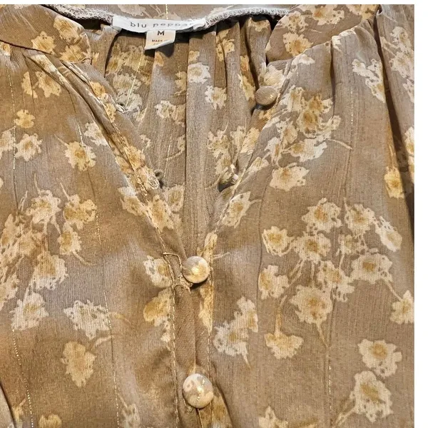 Blu Pepper‎ Size M Emily Khaki Floral Long Sleeve Boho Blouse Tan-Fall Fashion - Image 4
