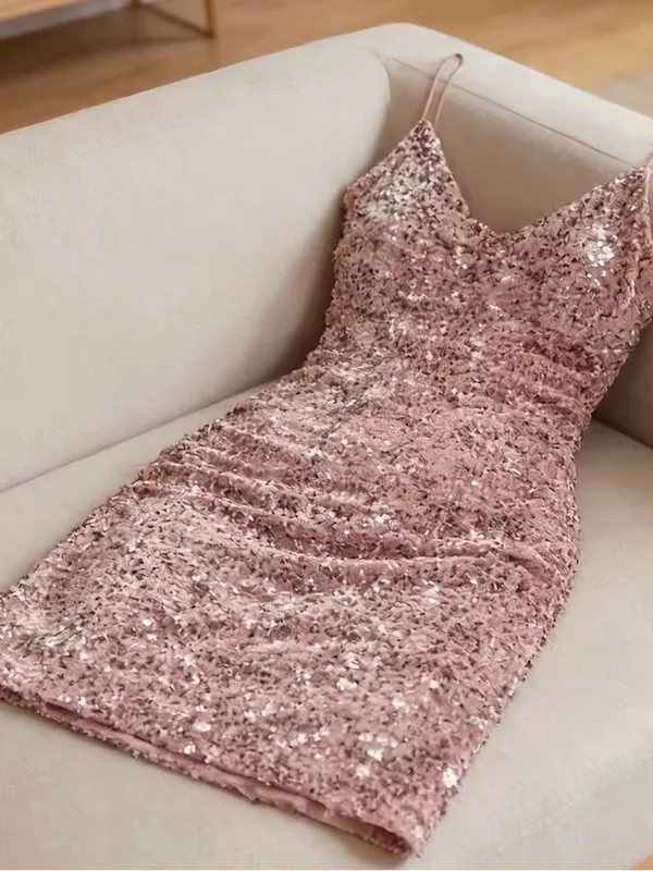 Sequin V-Neck Stretch Slip Dress in Rose Gold Brand New - Image 2