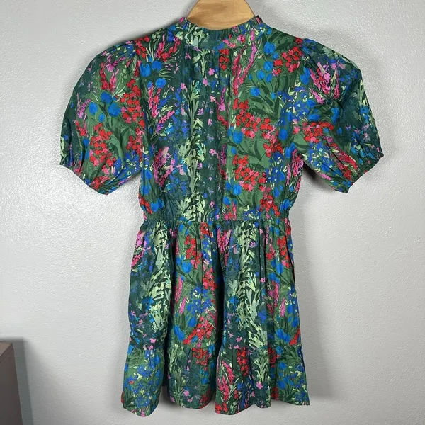 NEW Sugarlips Green Red Floral A-Line Dress Size Large Puff Sleeve V-Neck Cotton - Image 3