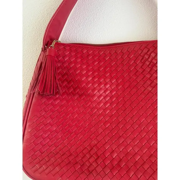 Boutique Leather Purse Red Woven Shoulder Bag Intricate Weaving Tassel Accent - Image 2