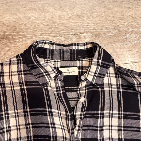 THREAD AND SUPPLY Black Button Down Plaid‎ Short Sleeve Shirt Dress Small S - Image 3