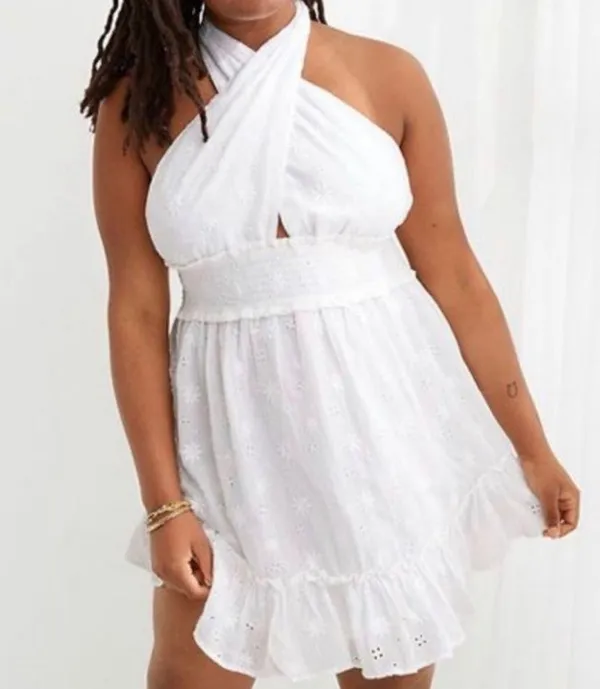 NEW Aerie White Spring Eyelet Fling Mini Dress Sz XL Halter Tie Floral - Image 5