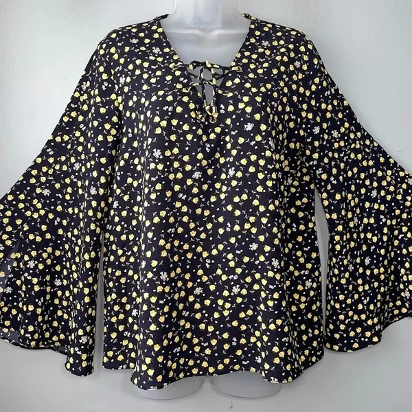 Bali Peasant Top Size M Navy Yellow Ditzy Floral Flowy Romantic Boho Prairie - Image 2
