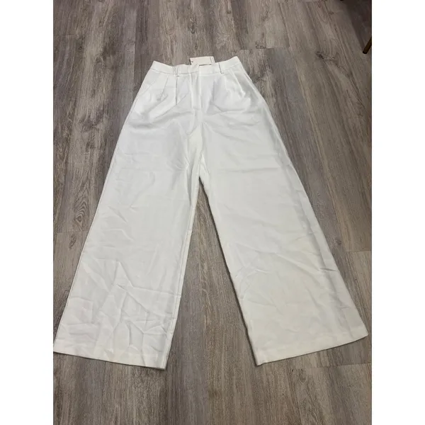 Commense White High Waisted Wide Leg Pleated Trousers Pants Medium NEW - Image 2