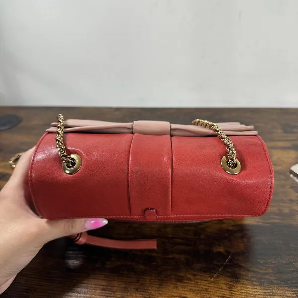 Chloe Shoulder Bag Small Red Leather Bow Chain Strap Pink Colorblock - Image 10
