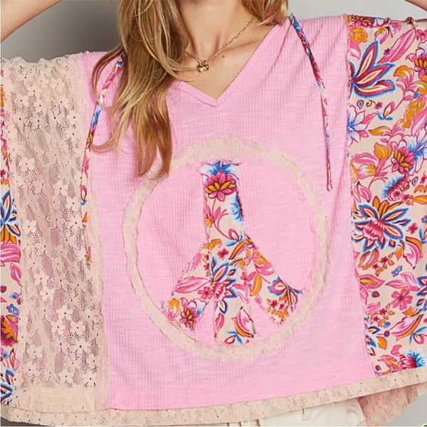 NEW POL Pink Blush Oversized Peace Sign Floral Mixed Media V-Neck Hoodie Top S - Image 5