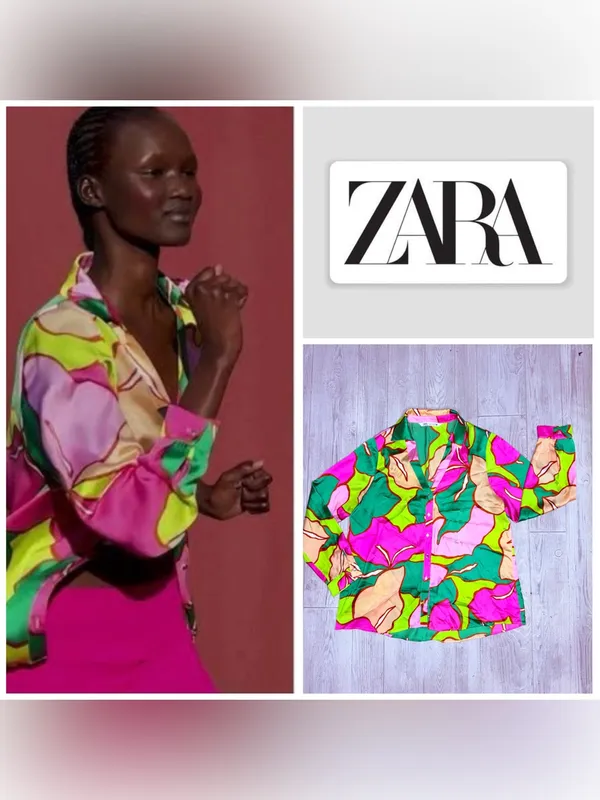 Zara long sleeve button front geometric bright blouse shirt size large - Image 2