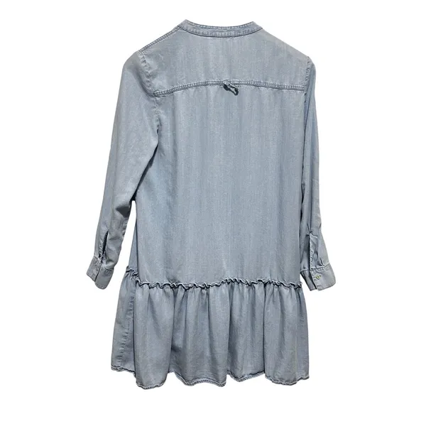 Zara Women Cottagecore Boho Tunic Dress M Chambray Denim Ruffle Hem Drop Waist - Image 2