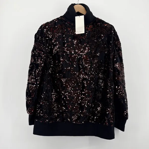 NWT Zara Trafaluc Black w/ Red Sequin Turtleneck Sweater Women's Size‎ Medium - Image 2